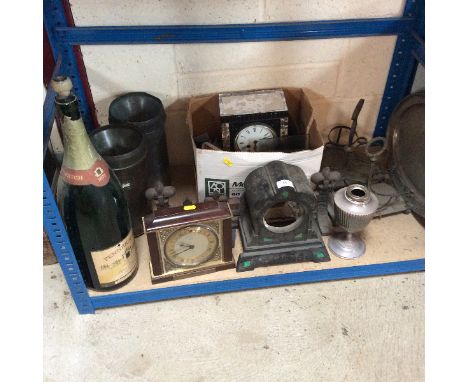 Two black marble clock cases; a mantel clock and sundry items