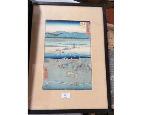A Japanese wood block print, a river crossing, 34cm x 23cm; and four other Japanese wood block prints, (5)
