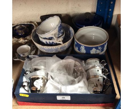 A Grosvenor china part coffee set; Staffordshire print ware; pottery tiles etc.