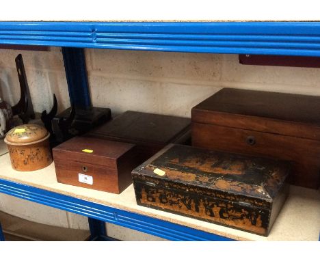 A Regency penwork sarcophagus shaped box, 28cm; a Victorian mahogany box; a Victorian rosewood tea caddy etc., (7)