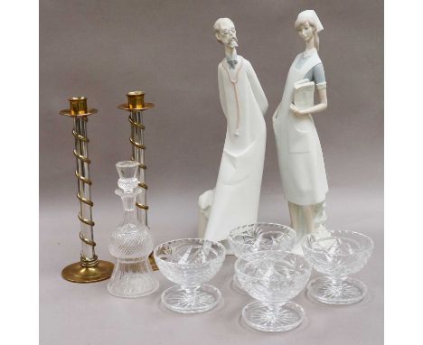 A Large Pair of Lladro Bisque Figures Doctor and Nurse, together with brass and chrome candlesticks, a small cut glass decant