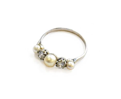 A Pearl and Diamond Five Stone Ring, unmarked, finger size JThe ring is in fair condition with wear commensurate with age. It