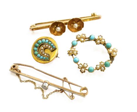 Four Brooches, comprising of a diamond bar brooch, unmarked, length 4.7cm, a floral cultured pearl brooch, stamped '15CT', le