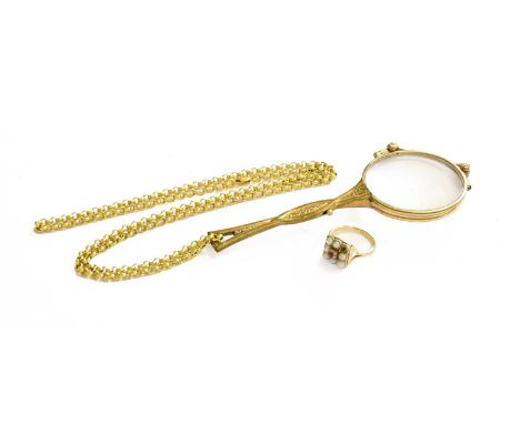 A 9 Carat Gold Chain, length 60cm; A Split Pearl and Synthetic Ruby Cluster Ring, finger size L; and A Pair of Lorgnettes Cha