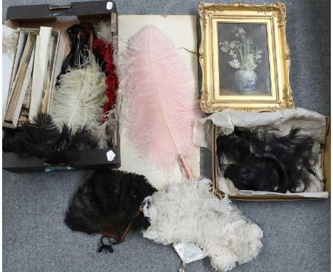 A Small Selection of Ostrich Feathers and Ostrich Feather Fans, a further painted fan depicting a courting couple,signed Gerb