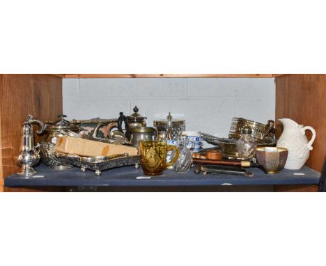 Assorted Silver Plated Items, Ceramics and Glass, including a Wedgwood buttefly lustre octagonal bowl, Belleek jug, six pearl