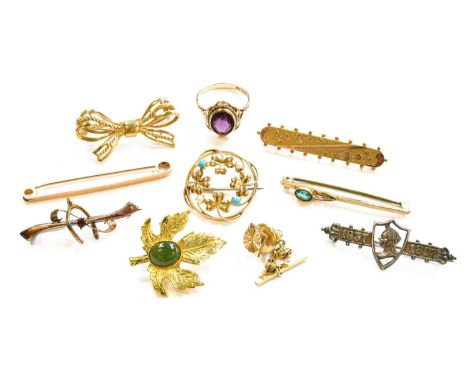 A Small Quantity of Jewellery Including, a 9 carat gold purple glass ring, finger size P, a turquoise and split pearl brooch,