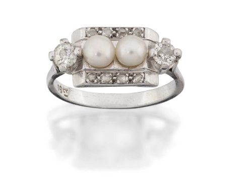 A Cultured Pearl and Diamond Ring, two cultured pearls between rows of rose cut diamonds, flanked by a larger old cut diamond