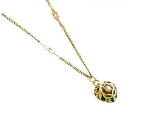 An Enamel and Split Pearl Mourning Pendant on A 9 Carat Gold Chain, pendant length 2.8cm, chain length 68.5cmGross weight 13.