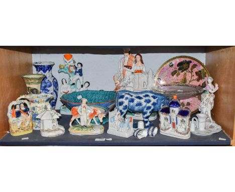 A Quantity Of Various Ceramics and Glassware, including Staffordshire flat back figures, pastille burners, glass tazza, and A