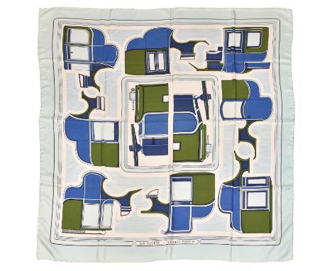 Hermes Silk Scarf, Les Coupes Designed by F de La Perriere, with a border in pale blue enclosing carriage designs in green an