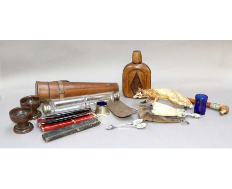 Hunting Interest, including a leather case glass double spirit flask with silver plated mounts, malaca crop with carved antle