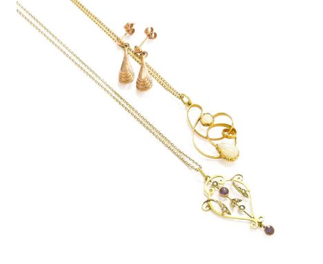 An Amethyst and Split Pearl Pendant on A 9 Carat Gold Chain, pendant length 4.0cm, chain length 41cm; A 9 Carat Gold Opal Pen