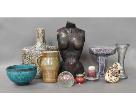 Studio Pottery and Art Glass, including an Andrew Hague wall mirror, David Williams bowl, Minton Hollins &amp; Co. tile, bott