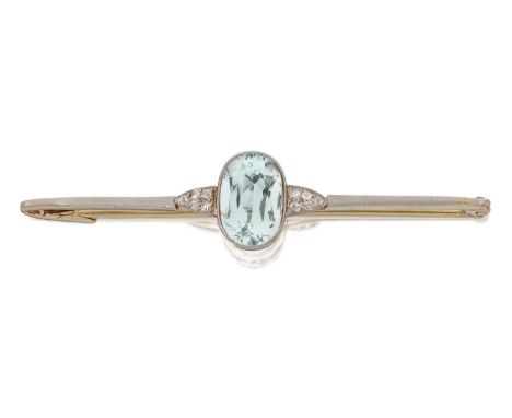 An Aquamarine and Diamond Bar Brooch, the oval cut aquamarine in a white millegrain setting, flanked by tapered clusters of r