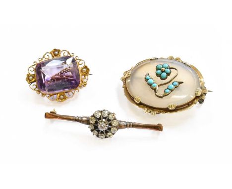Three Brooches, comprising of a late Victorian diamond cluster bar brooch, unmarked, length 4.9cm; an amethyst and split pear