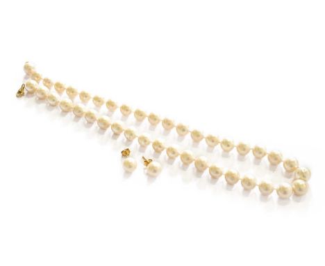 A Cultured Pearl Necklace, length 46.5cm and A Pair of Cultured Pearl Earrings, with post fittingsClasp stamped '750', posts 