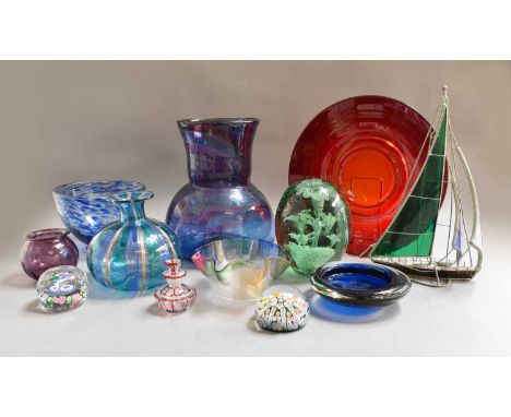 A Quantity of Art and Other Glass Including, a Sunderland dump paperweight, millefiore, ruby glass plates, etc (two trays)Fac
