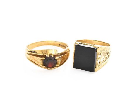 A 9 Carat Gold Garnet Ring, finger size Y and A 9 Carat Gold Hardstone Ring, finger sizeQ1/2Gross weight 13.4 grams.