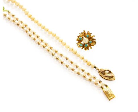 A 9 Carat Gold Turquoise and Cultured Pearl Clip, later fitting; A Cultured Pearl Necklace, length 53cm, and Another Cultured