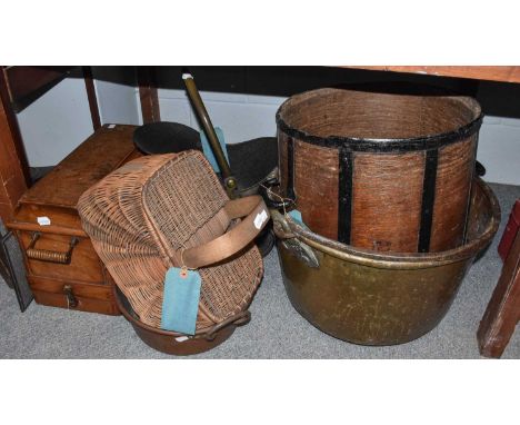 A large Victorian Brass Jam Pan, a metal bound grain measure, a wicker hamper, Singer sewing machine, copper jam pan, and a b