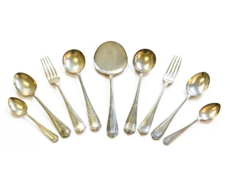 A George VI Part Silver Flatware Service, possibly by John Price Hunt, Birmingham 1937 comprising: a flat bottomed serving sp