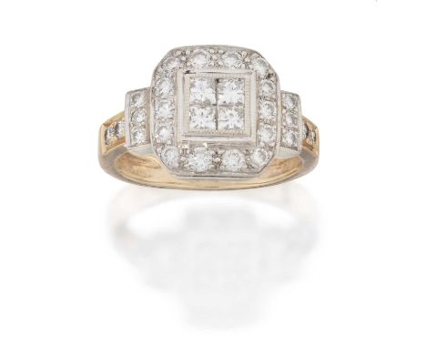 A Diamond Cluster Ring, four princess cut diamonds within a border of round brilliant cut diamonds, in white millegrain setti