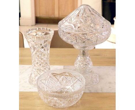 Cut Glass Mushroom Lamp and a cut glass bowl and vase (3)