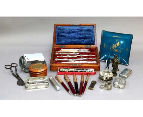 A Set of 19th Century Drawing Instruments, fountain pens, coin holder, quantity of first day cover, etc