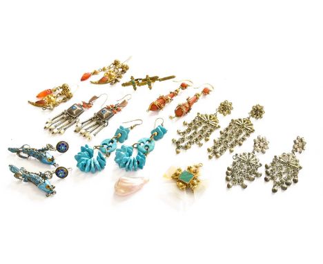 Nine Pairs of Drop Earrings, of various designs including coral examples, enamel examples etc (some a.f.); A Seed Pearl Brooc