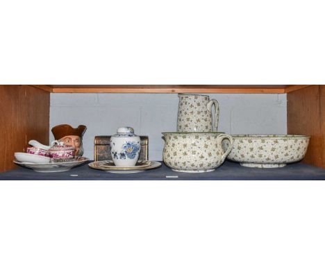 A Royal Doulton Three-Piece Wash Set, a Royal Doulton character jug, jewellery box, Imari plate etc (one shelf)