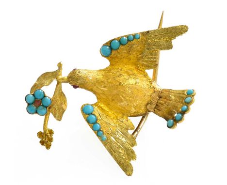 A Turquoise and Ruby Dove Brooch, unmarked, length 2.9cmThe brooch is in fair condition, there is evidence of gluing to the t