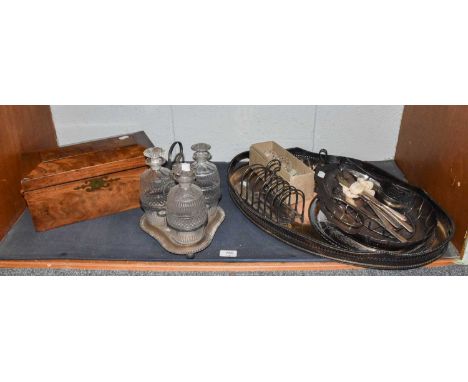 A Regency Mahogany Tea Caddy, and a quantity of silver plate including, a large galleried tray, triple decanter stand, etc