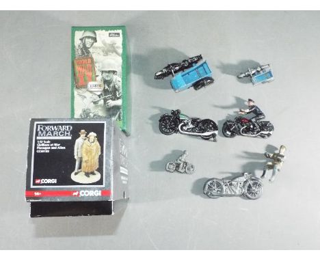 Britains, Corgi Benbros and others. Two boxed metal figures with a small collection of pre-war diecast motorcycles. Lot inclu