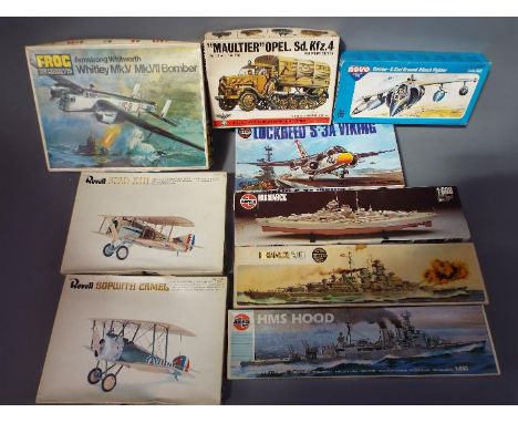 AIrfix, Frog, Revell, Novo, Bandai - A collection of 9 boxed model kits in various scales. Lot includes Airfix F404s Bismark 