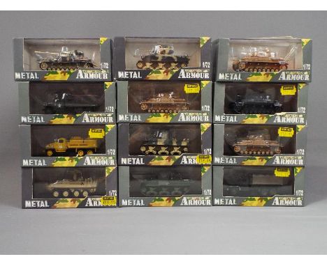 Armour Collection - A battalion of 12 boxed diecast model fighting vehicles by Armour Collection in 1:72 scale. Lot includes 