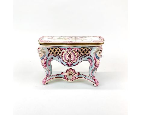 An 18th/ early 19th century Continental soft paste porcelain hand-painted box in the form of a console table, W. 20. H. 13cm.