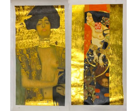 Two unmounted oils on canvas after Klimt, 60 x 112cm.