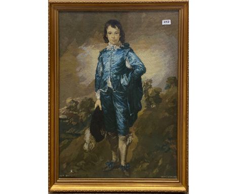 A large gilt framed tapestry of 'The boy in blue', 65 x 88cm.