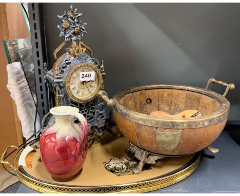 Two vintage trays together with a wooden fruit bowl, classical style brass clock (quartz) and other items.