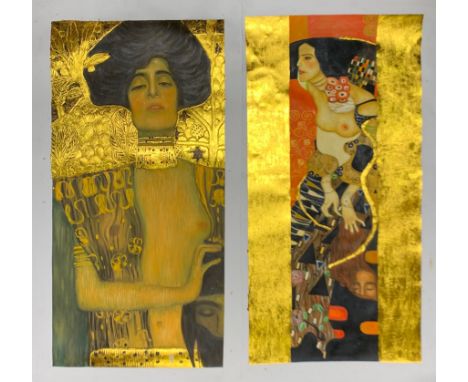 Two unmounted oils on canvas after Klimt, 60 x 112cm.
