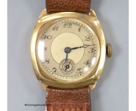   A gentleman's 1930's 9ct gold Huba manual wind wrist watch, with leather strap, case diameter 29mm, gross weight 26.2 grams