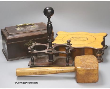   A mid 18th century mahogany tea caddy, 24cm, a rosewood cruet stand, one other box and a mallet with elm head