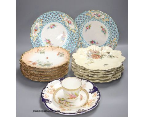   Two sets of six Limoges dessert plates, three English porcelain ribbon plates, an Alfred Pearce Aynsley dessert plate and a