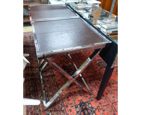   A pair of chrome and leather X-frame lamp tables by Andrew Martin, width 55cm, depth 55cm, height 74cm