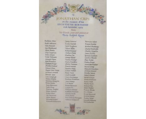 °  An illuminated manuscript for Jonathan Cape's 80th birthday with list of all members of staff at the time, 50 x 29cm