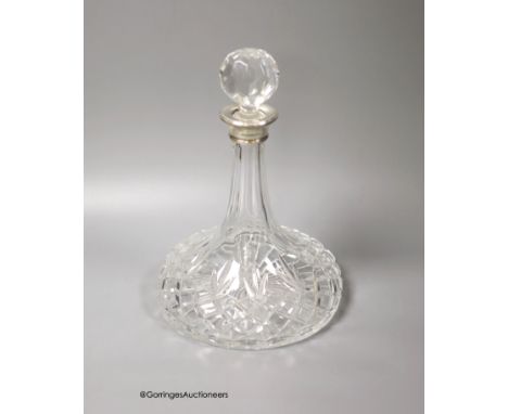   A modern silver collared cut glass ship's decanter, height 28cm.