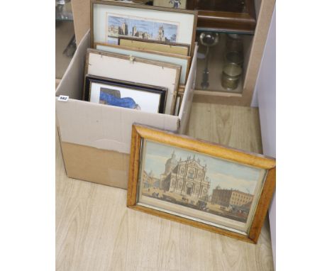   A collection of 18th century hand coloured engravings of churches, together with a cropped print of Glee Singers