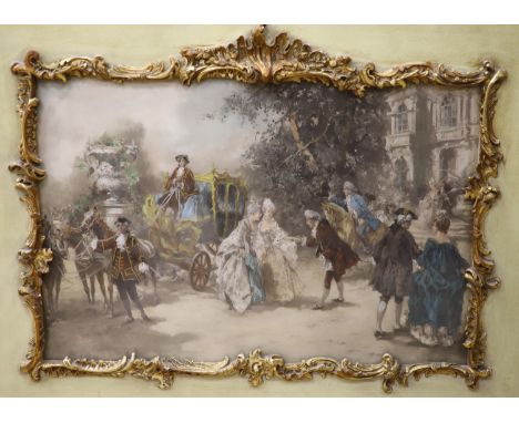   After Vincente Paredes, hand tinted lithograph, Figures outside a chateau, 32 x 49cm, ornate scroll frame