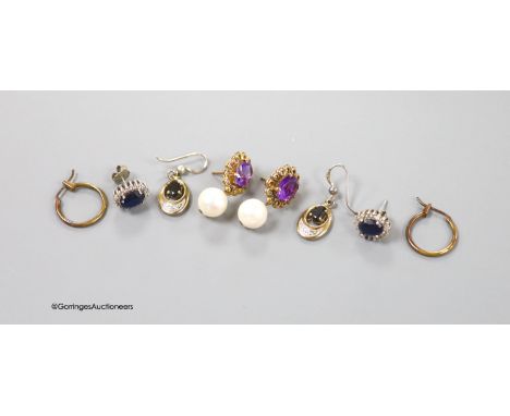   A pair of 9ct gold, amethyst and cultured pearl set drop earrings, 26mm and three other pairs of earrings.